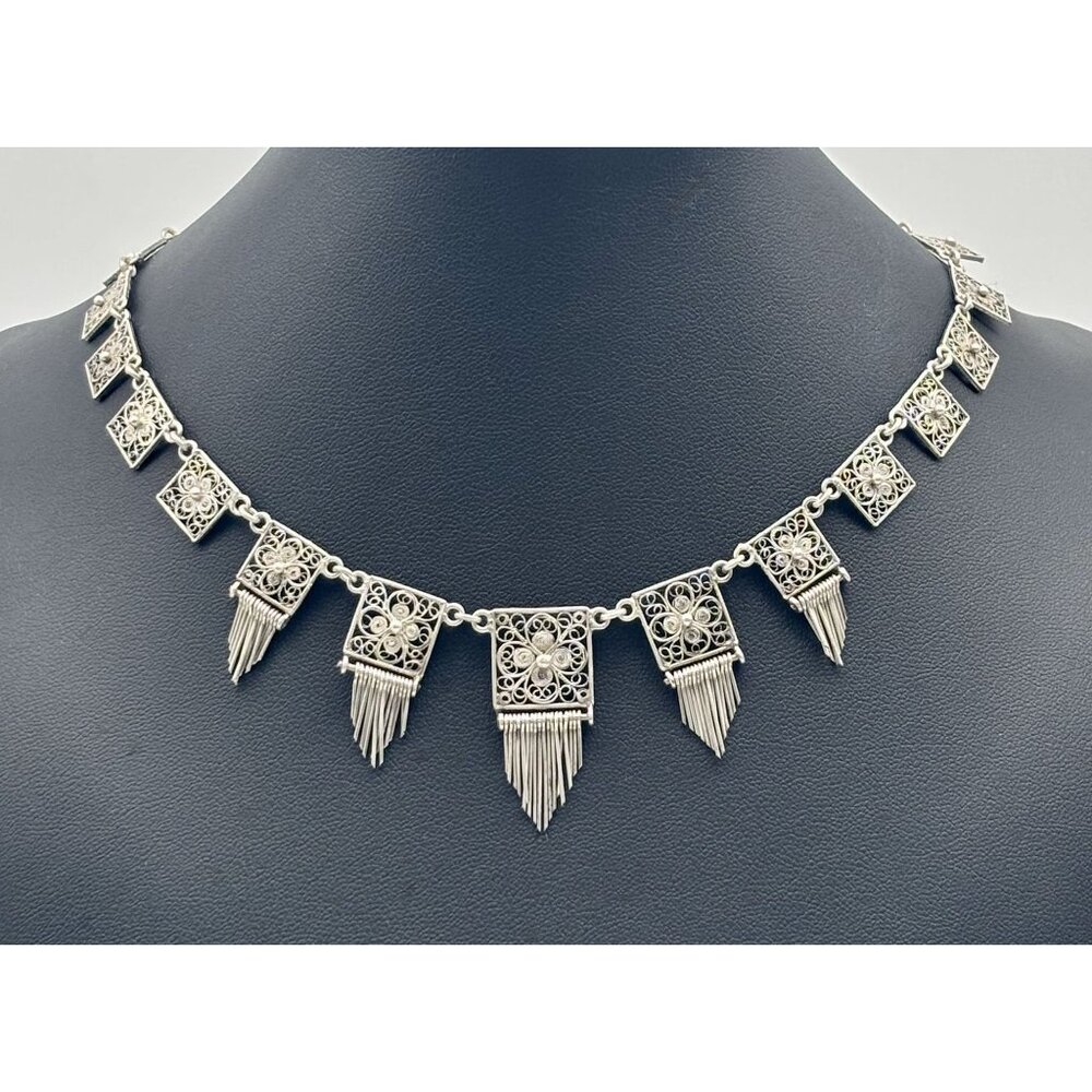 Vintage European Silver Delicate Filigree Squares Components With Dangles Collar - Picture 8 of 13
